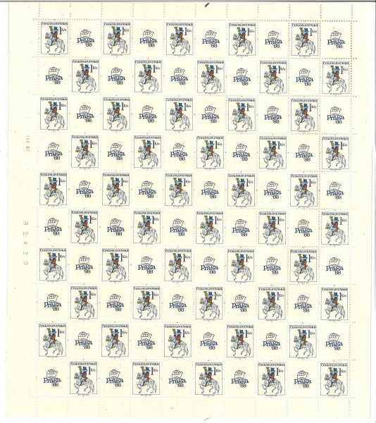 2814 Postilión Praga 1988 1 Kčs, kompletní arch 50 známek + 50 kupónů (B, 15.X.87)