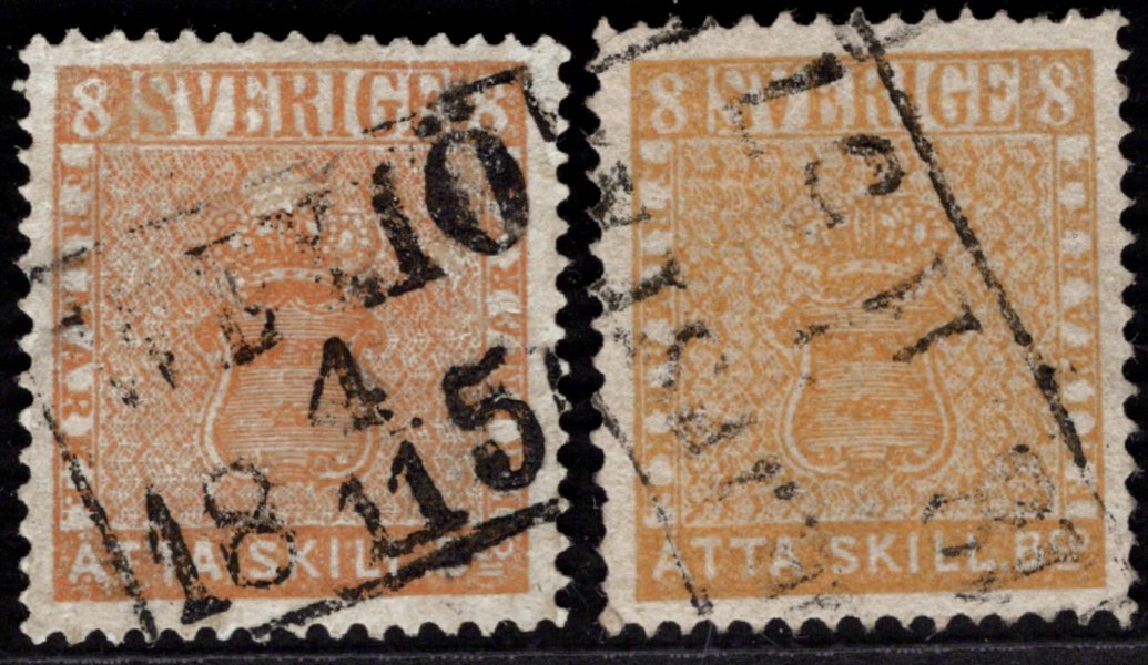 Švédsko - Mi.4a, 4b,  8Sk oranžová a žlutá, kat. 2.100 EUR 