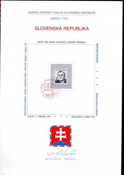 ZNL 2, zvláštní nálepní list,, Sbírka na národní poklad SR, rok vydání 1993, list rozměru A4 s číslem 260 ( vydáno 1000 Ks) a se známkou č.5 ( 2 Sk president SR Michal Kováč) dole se stáním znakem a podpisem Kováče, uloženo v originální paspartě, katalogová cena 140 euro