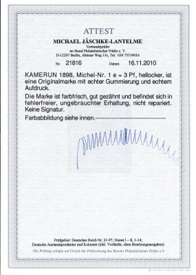 Kamerun - Mi. 1e, hellocker 3 Pf, atest Jäschke-Lantelme