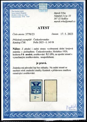 143 B, Holubice, řz 13 3/4, krajová známka s počítadlem a vynechanou spodní vodorovnou perforací, modrá 5 h, zk. Karásek a atest Vrba, velmi vzácné a hledané, mimořádně vzácná známka! navíc s počítadlem a vynechanou perforací, může být jen několik exemplářů