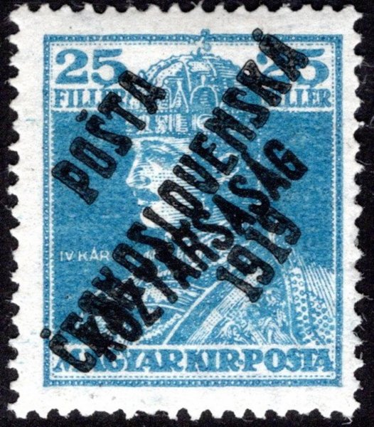 25 f N, Karel, modrá 25 f s přetiskem Koztársaság a přetiskem  PČ 1919, druh F, typ IV, nevydaná, známka s původním lepem bez nálepky, dvl, zkoušena Karásek, Vrba a atest Vrba