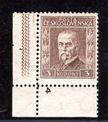 198, P 7, typ III, TGM, hnědá 3 Kč, rohová s DČ 4 - ležatá, zkoušeno Vrba, bordura na okraji