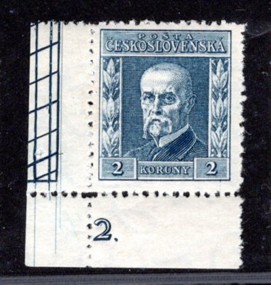 195, P 6, typ II, TGM,  modrá 2 Kč, rohová s DČ 2, zkoušeno Vrba, bordura na okraji