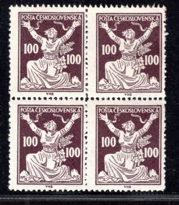 158  B, OR, řz 13 3/4, 4blok, hnědá 100 h, zkoušeno Hirsch, Tribuna