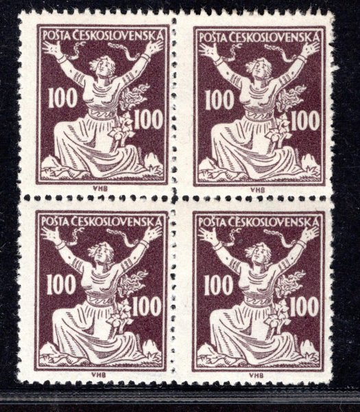 158  B, OR, řz 13 3/4, 4blok, hnědá 100 h, zkoušeno Hirsch, Tribuna