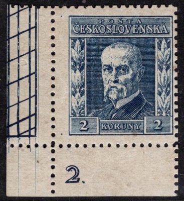 195, P 7, typ II, TGM, rohová s DČ 2, modrá 2 Kč, bordura na okraji