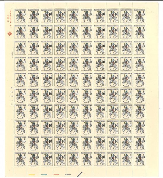 2112 (papír fl1) Poštovní emblémy, kompletní 100kusový arch s DV 39/2, obsahuje znak a nápis v levém okraji,  PA (25.IV.80)