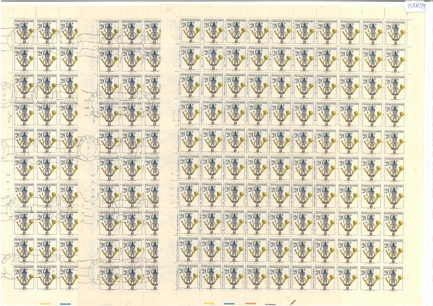 2110  Poštovní emblémy, kompletní 100kusové archy, obsahující  číslo + datum tisku 10.X.75, 14.X.74 