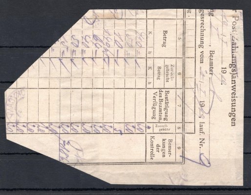 Velký výstřižek ze zúčtovacího archu se 9x 50/42 h doplatní 1916/17 + 5 h spěšná 1917 + 10 h novinová 1916 (obě ve funkci doplatních známek), raz. ROKYCANY, 20. 1. 19, zk. Karásek