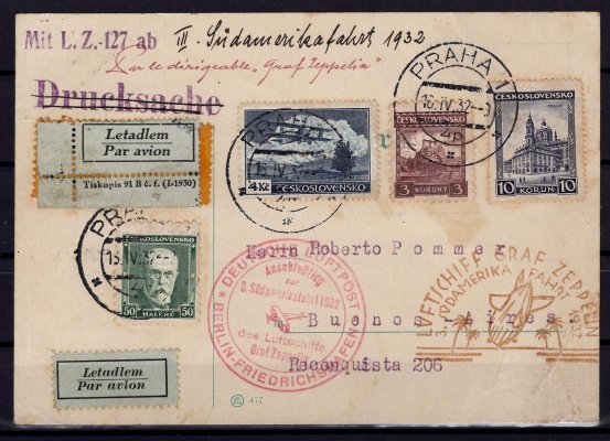 1932, zepelinová karta, 3. Südamerikafahrt, do Buenos Aires, letecká karta vyplacená známkami L 11,224,257,258, podací razítko Praha 1, 16/IV/32, rámečkové letecké razítko Praha 7, 16/IV/32,  letecké nálepky, razítko německé letecké pošty, spojovací let Berlin - Fridrichshafen, kašet příslušného zeppelinového letu - 3.SA, stopy poštovního provozu