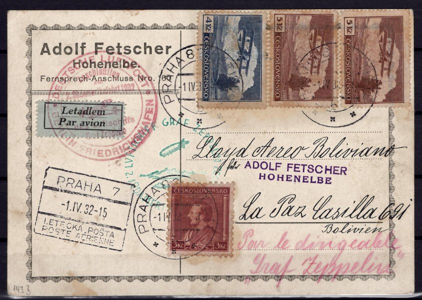 1932, zeppelinová karta, 2. Südamerikafahrt, do Bolivie, letecká karta vyplacená známkami L 11,12 (2x),271, podací razítko Praha 8, 1/IV/32, rámečkové letecké razítko Praha 7, 1/IV/32,  letecká nálepka, razítko německé letecké pošty, spojovací let Berlin - Fridrichshafen, kašet příslušného zeppelinového letu - 2.SA, známky lehce zahnědlé, příchozí razítko La PAZ, 13/APRIL/32