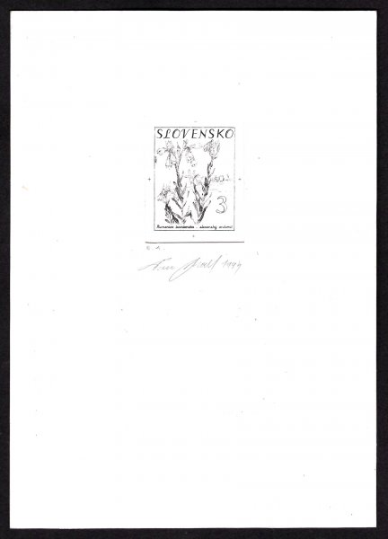 1994, návrh známky pro emisi Rok ochrany evropské přírody vydané v roku 1995. Rytcem vydané známky s obrázkem rostliny Ruměnice turnianská s nominální hodnotou 8 Sk byl F. Horniak, návrhz roku 1994 zobrazuje stejnou květinu, ale má nominální hodnotu 3 Sk a nepochází od F. Horniaka, ale od autora E.A ( pod známkou je jeho nečitelný podpis). Zajímavé, rozměr návrhu je 105 x 148 mm