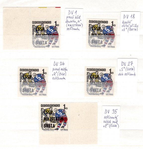 1961 - 1962; ČSSR mistrem světa v ledním hokeji 1972, 14 ks známek 60 h ve doupátkách s okraj a 5 ks známek 1 Kčs, spojené typy a deskové vady přetisku. Až na jednu výjimku kompletní sada deskových vad uvedených v katalogu. Vše popsáno a určeno známkové pole. kat. cena  přes 4000 Kč