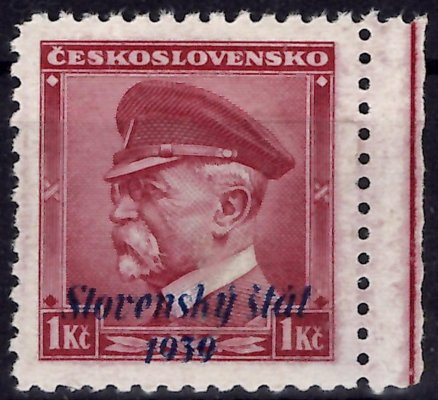 12; T.G. Masaryk, 1 Kč s okrajem, SOZ, 1 x otisk přetisku na lepu, částečně stopa/nálepka