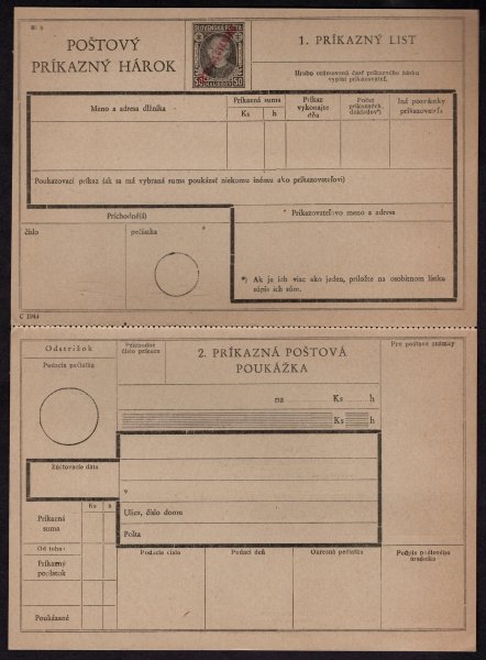 CPA 2.3 B, poštovní příkazní arch, červený ruční přetisk, kompletní