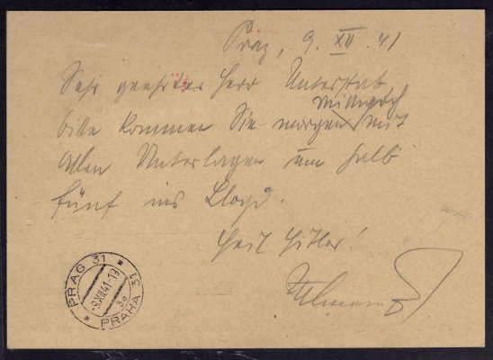 CDV 1, dofrankovaná známkou 4 K, Moravská Ostrava, zaslaná jako Ex z Prag 1, 9/XII/41 na Prahu 31, 9/XII/34