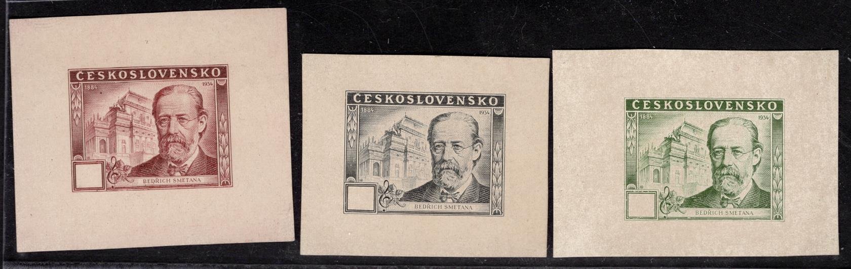 514 ZT, Smetana, sestava 3 kusů otisků původní rytiny z roku 1934 s letopočty 1884-1934 a s názvem státu, prázdné hodnotové štítky, vzácné


