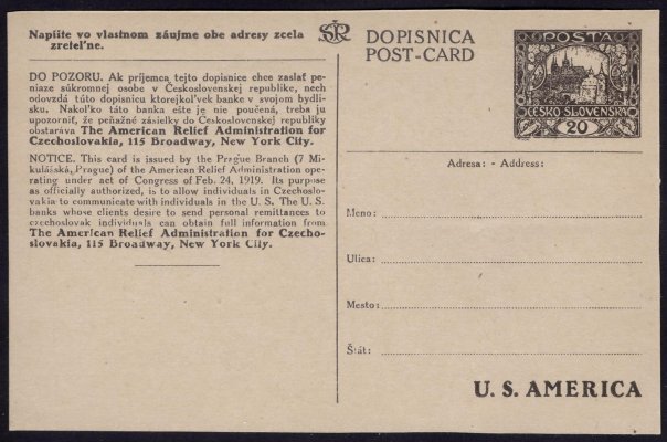 16 B ZT CDV, zkusmý tisk celinové dopisnice do USA, v černé barvě, přitištěná zn. Hradčany 20h, slovenský +  anglický text, velmi vzácné