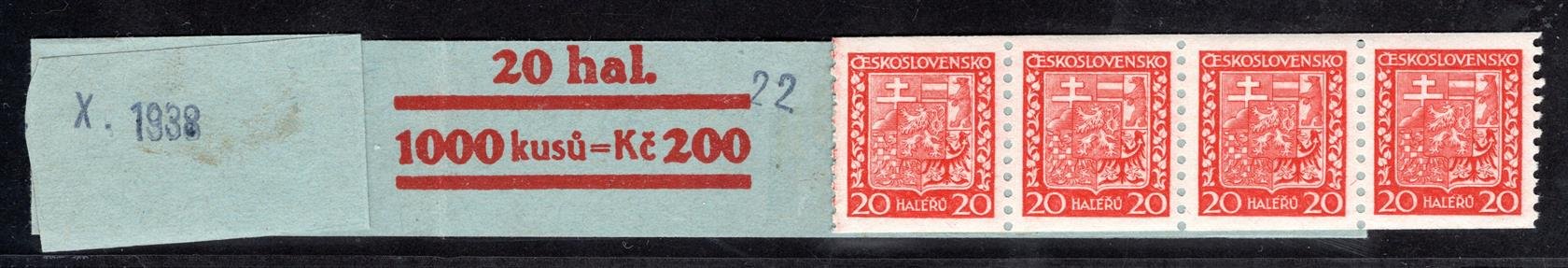 250 A, svitková, státní znak červená 20 h s kompletní zaváděcí páskou, razítko datumovky X/1938, hledané