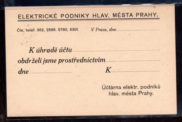 CDV 5a, Malý monogram Karel 8 h se soukromým! přítiskem "Elektrické podniky hlavního města Prahy" na zadní straně; neobvyklé, velmi hezké