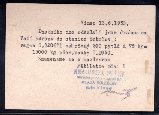 CDV Gottwald, 1,50 Kč, Měnová reforma! dofrankovaná pestrou frankaturou známek staré měny ve výši 12 Kč, podací razítko Mladá Boleslav 15/VI/53, firemní korespondence