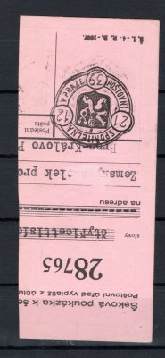 DL 65;  ústřižek šekové poukázky vzadu se známkou 10 Kč ve smíšené frankatuře s protektorátními doplatními 1 + 5 K, raz. BRÜNN 12 / BRNO 12, 22. 12. 39, zajímavé použití po platnosti (poštou tolerováno)