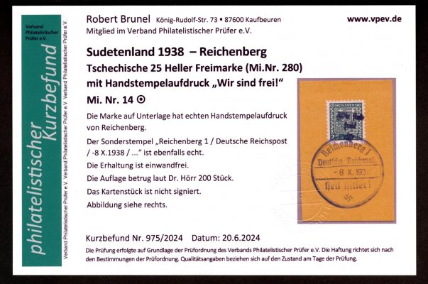 Reichenberg, Mi. 14 - rok 1938, přetisk na znak, zelená 25 h, Mi. č. 280 (Pofis 251) s ručním přítiskem  Reichenberg"Wir sind Frei", příležitostné razítko Reichenberg 1/Deutsche Reichpost/-8.X.1938, na výstřižku, atest  Brunel,. velmi dobrá kvalita