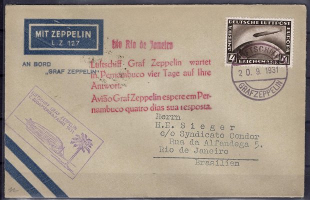 1931 / Let  do Brazílie, přepravený letem LZ 127, vyfr. zeppelinovou zn. 4RM, Mi.424, podací 20.9.1931, na zadní straně příchozí DR RIO DE JANEIRO 22.IX.31