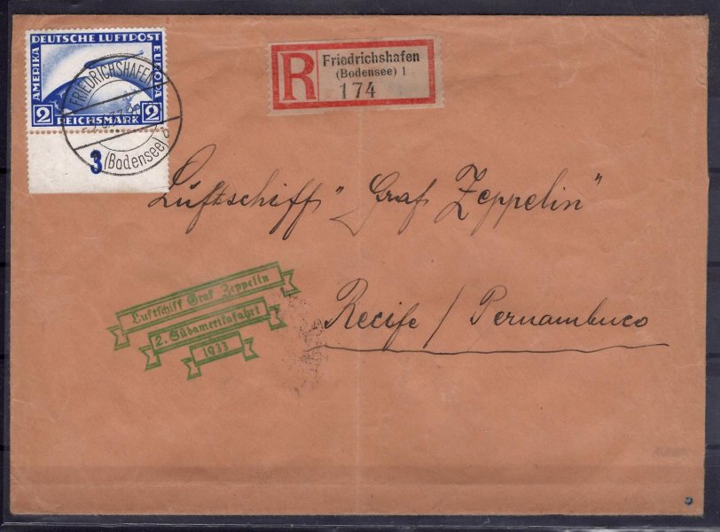 1933 / R-dopis do Brazílie vyfr. zeppelinovou zn. 2RM s dolním okrajem, Mi.423, podací DR  3.6.33, zelený kašet letu, na zadní straně příchozí DR PERNAMBUCO 6.VI.33; ohyb