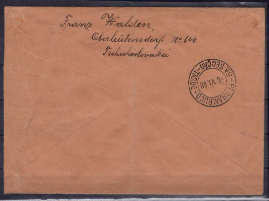 1933 / R-dopis do Brazílie vyfr. zeppelinovou zn. 2RM s dolním okrajem, Mi.423, podací DR  3.6.33, zelený kašet letu, na zadní straně příchozí DR PERNAMBUCO 6.VI.33; ohyb
