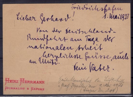 1933 / celinová dopisnice Hindenburg 6 Pfg zaslaná do Erfurtu, dofr. leteckými a výplatními zn., podací DR FRIEDRICHSHAFEN 1.5.33,  příchozí DR DRESDEN FLUGHAFEN 1.5.33; 