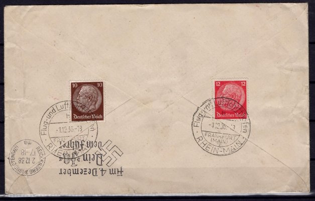 1938 / Let-dopis zaslaný do Kynšperka nad Ohří, vyfr. sérii zn. Winterhilfswerk, na rubu zn. Hindenburg 10 a 12Pfg, podací DR  1.12.38, červený kašet letu, na rubu příchozí SR REICHENBERG 3, 2.12.38