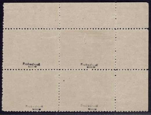 Pr IIA ZT, řz 10 1/2, TEREZÍN,  levý horní rohový 4 blok v černé barvě, zkoušen Mahr, atest Mahr a Pfeiffer, mimořádný zkusmý tisk, katalog pro jednotlivou známku kat. cena pro 4blok  150 000 +  Kč , v této podobě naprosto  mimořádné