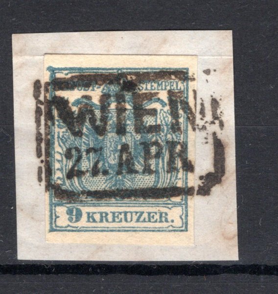 5 H IIIa, grünlichblau; 9 kr, ruční papír, typ IIIa, deska 4, nazelenale modrá, Randdruck vlevo, na výstřižku s celým rámečkovým raz. WIEN, pěkné okraje, P, ANK ca. € 45.-