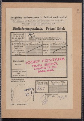 CDV 73 Pa, papír žlutý, dofrankovaná známkou Košice 2 K a 30 h lipové listí, zaslaná jako R z Frýdku, 12/VII/45, adresováno na Josefa Fontanu, s podacím lístkem a příchozím razítkem Praha 55, 13/VII/45