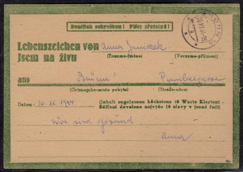 CSZ 2, zpráva jsem na živu, podací razítko, Brno, 20/XI/44, vzácná celistvost