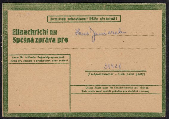 CSZ 2, zpráva jsem na živu, podací razítko, Brno, 20/XI/44, vzácná celistvost