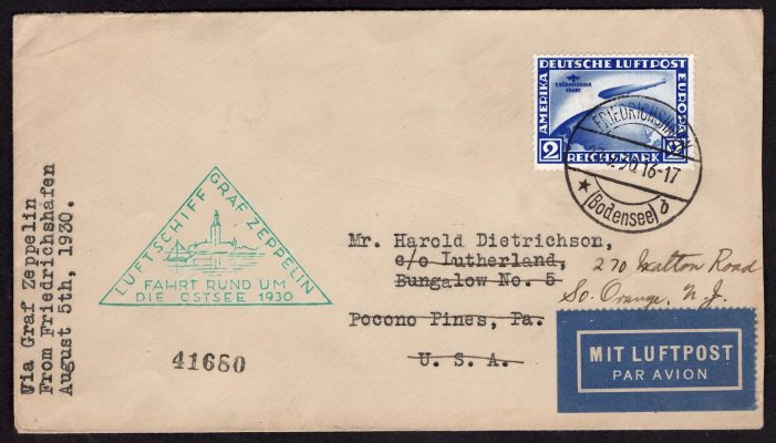 Sieger 88 AAa, DR, dopis, 1930, Ostseefahrt, s Mi. 438, Südamerikafahrt, zelený kašet, adresováno do USA, příchozí razítko New Jersey