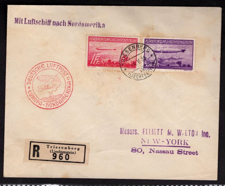 Sieger 347, smluvní stát Liechtenstein, 1936, R dopis, Südamerikafahrt, obě zepelínové známky 1 a 2 Fr do New York, příchozí razítko