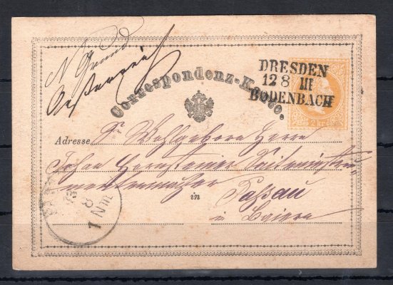 Dopisnice 2 kr žluťásek se vzácným razítkem saské vlakové pošty DRESDEN / BODENBACH, Votoček č. 4120/2 (300 bodů), ze 12. 8. 1875