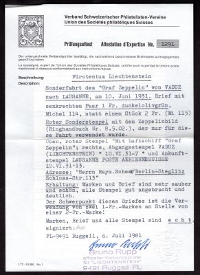 Zeppelin 2 x VADUZ  1931, Sie.110 A  110B, "Zuleitung Liechtenstein",  karta s 1Fr a dopis vzácně s 2-páskou 1Fr namísto známky 2Fr, atest Rupp, bezvadné, kat.600 EUR ++ 