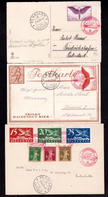 Zeppelin FAHRT NACH ZURICH, Sie.46, 3 celistvosti s let. známkami Švýcarska, raz. ZEPPELIN POST / SCHEIZERFLUG 2. XI. 29; bezvadný set, kat. jen frankatury dle Michel 170 EUR, mj. vzácná samostatná 75C Mi.190x 
