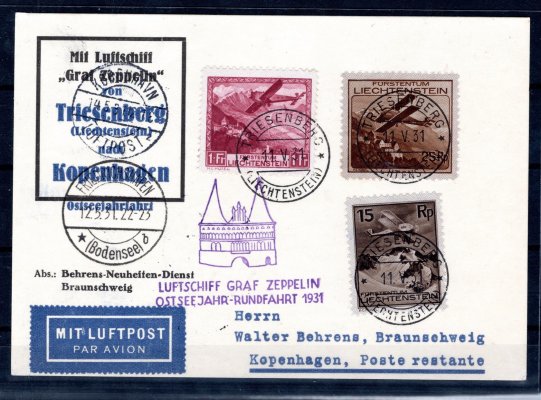 Zeppelin OSTSEEJAHR RUNDFAHRT 1931, Sie.108, "Zuleitung Liechtenstein", karta se zajímavým přítiskem z Triesenbergu do Kodaně frank . leteckými Mi., kat. 130 EUR let + 180 EUR frankatura 