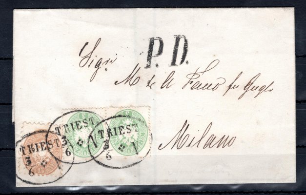 Skládaný dopis z r. 1864 vypl. 2x 3 kr čtvrté + 15 kr páté emise, oválné raz. TRIEST, vzadu přích. MILANO, nádherná smíšená frankatura, FB € 400,- 