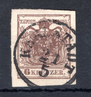 4 H III, schokobraun;  6 kr, ruční papír, typ III, čokoládově hnědá, silný papír 0,11 mm, raz. KARLSTADT, široké okraje