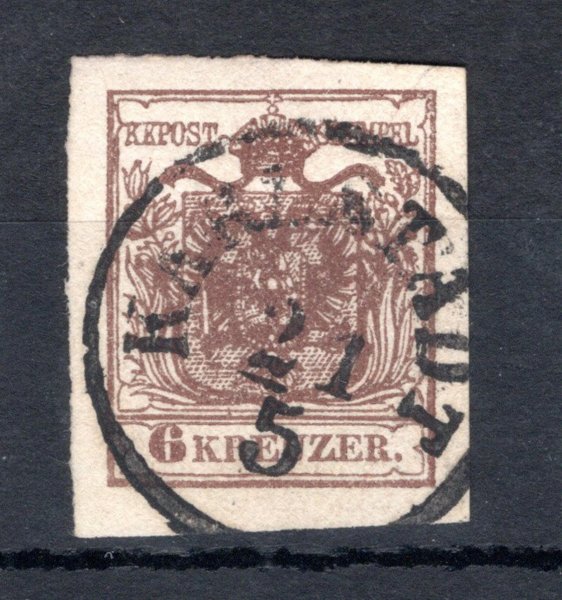 4 H III, schokobraun;  6 kr, ruční papír, typ III, čokoládově hnědá, silný papír 0,11 mm, raz. KARLSTADT, široké okraje