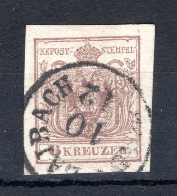 4 M III, rosabraun;  6 kr, strojní papír, typ III, růžově hnědá, silný papír 0,115 mm, raz. STADT LAIBACH, široké okraje