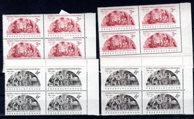 609-10  A.Jirásek 3Kčs, 4Kčs  rohové 4bloky 2 varianty perforace, 1 x dvl