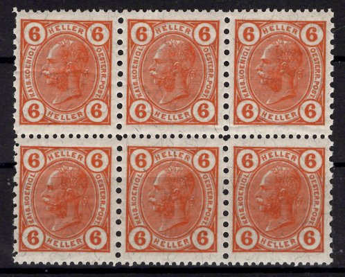 Vydání 1905 - 123, 6 heller oranžová v 6-ti bloku s Friedlovým zoubkováním 12 1/2 : 9 1/4, v blocích řídký výskyt, kat. cena 360 EUR 